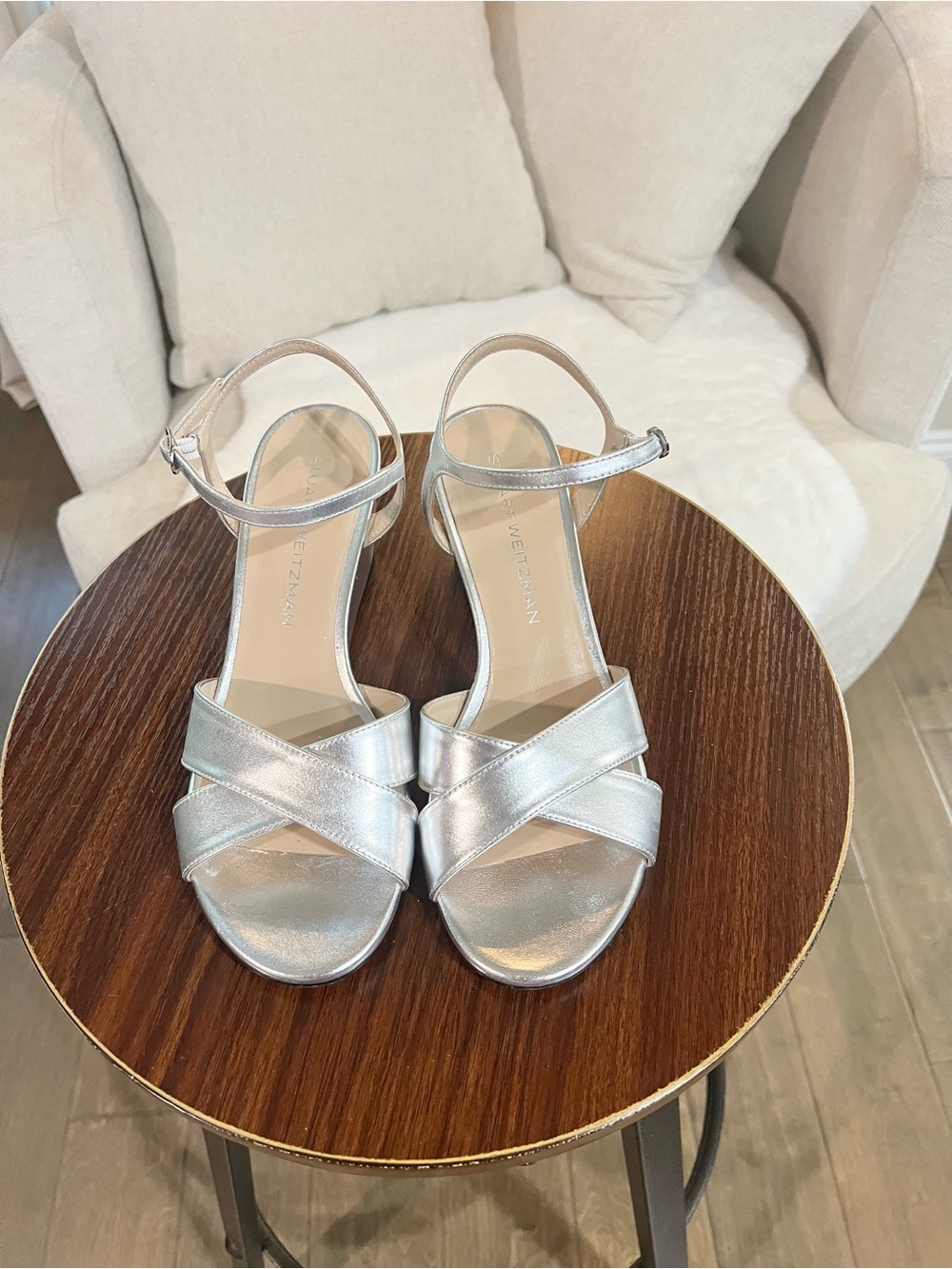 Stuart Weitzman silver metallic leather wedge sandals, size 9B